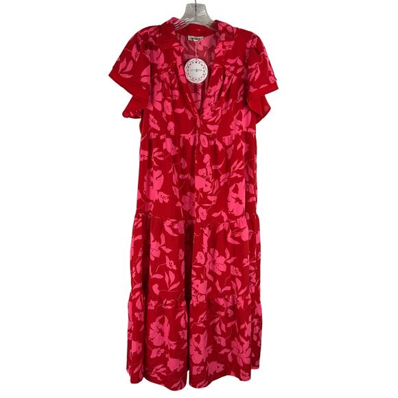 NEW Umgee Collared Tiered Midi Dress Size Small Red Pink Short Sleeve Split Neck - Picture 1 of 9